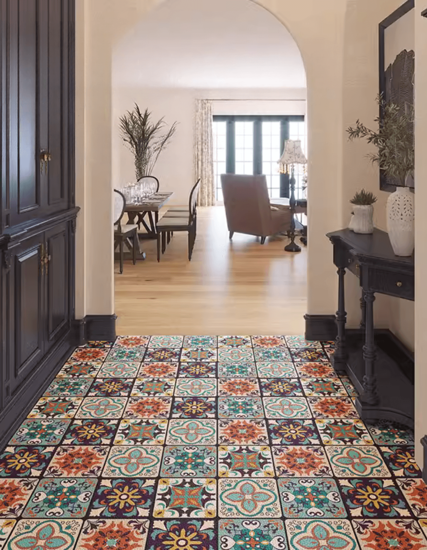 Zuumat Moroccan tile door mat with colorful geometric patterns in an entryway