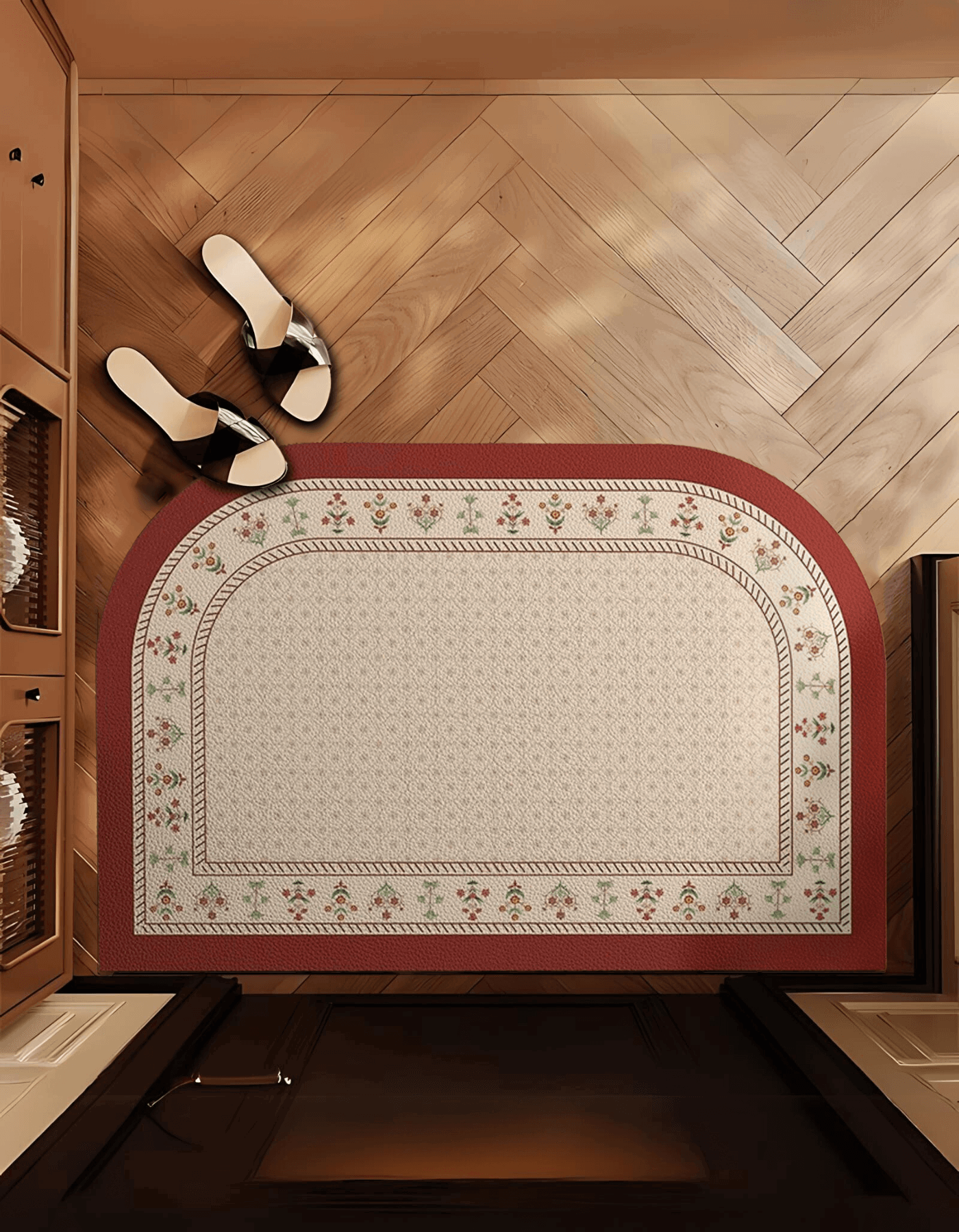 Zuumat red border floral floor mat with intricate flower patterns on wooden floor by kitchen cabinets