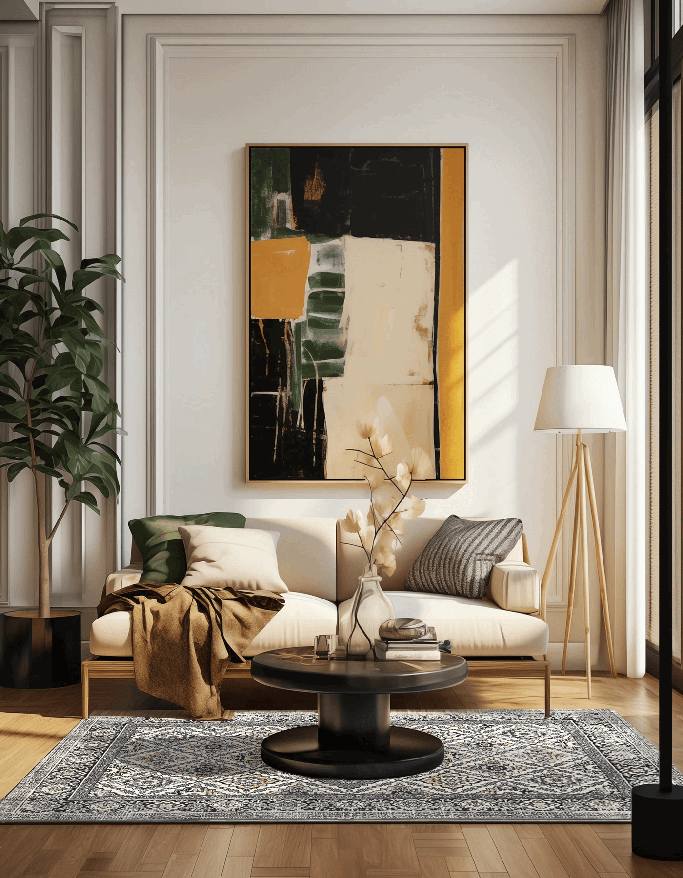 Zuumat ultra thin area rug with intricate patterns in a modern living room setting
