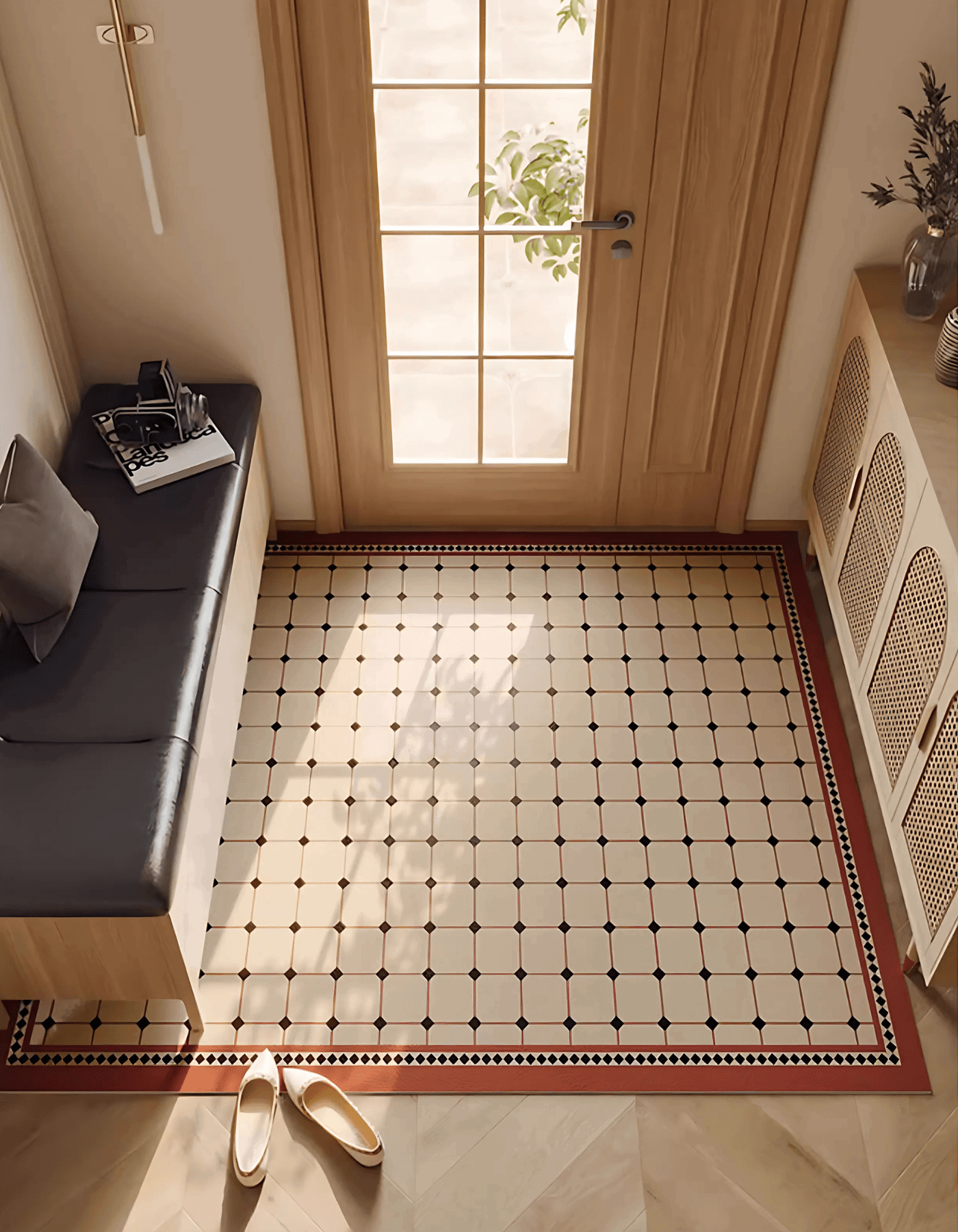 Zuumat decorative non-slip door mat with geometric pattern placed in wooden entryway