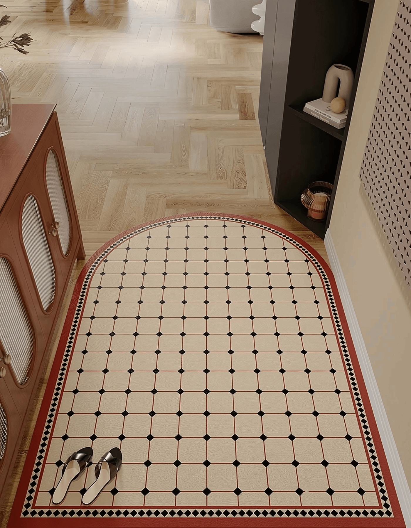 Zuumat decorative non-slip door mat with geometric pattern in beige and black at home entrance