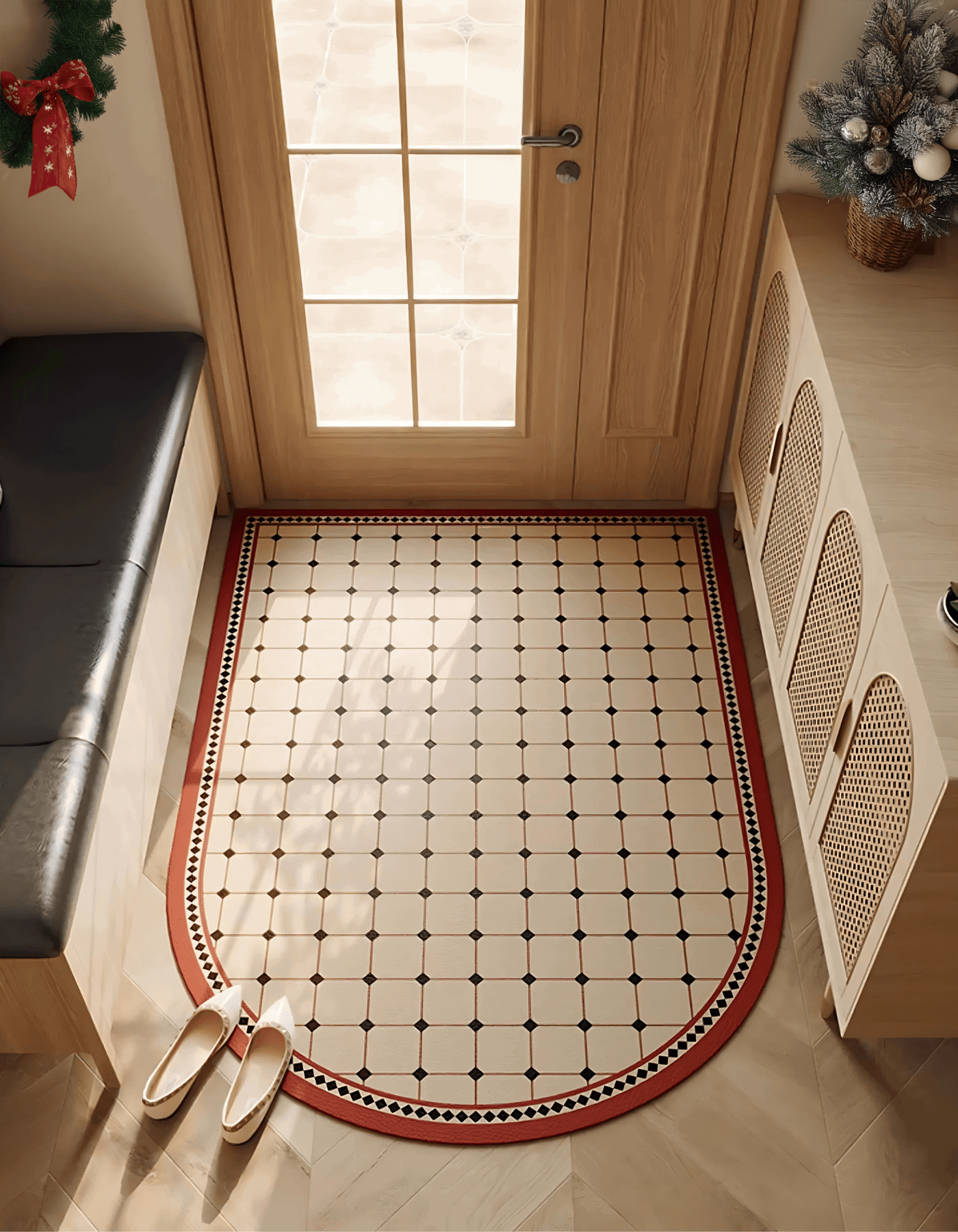 Zuumat decorative non-slip door mat with black and red geometric pattern placed at wooden door entrance
