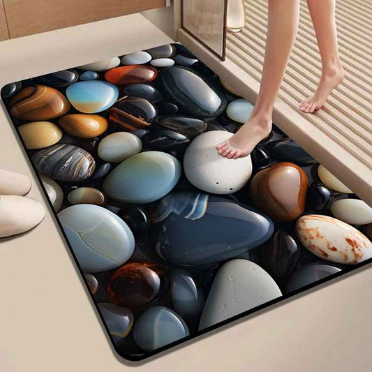 Zuumat 3D pebble bath mat with realistic multicolor stone design under bare feet in bathroom