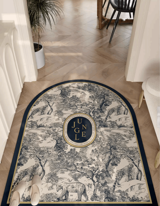 Zuumat blue jungle door mat with detailed nature and animal illustrations in navy and white colors