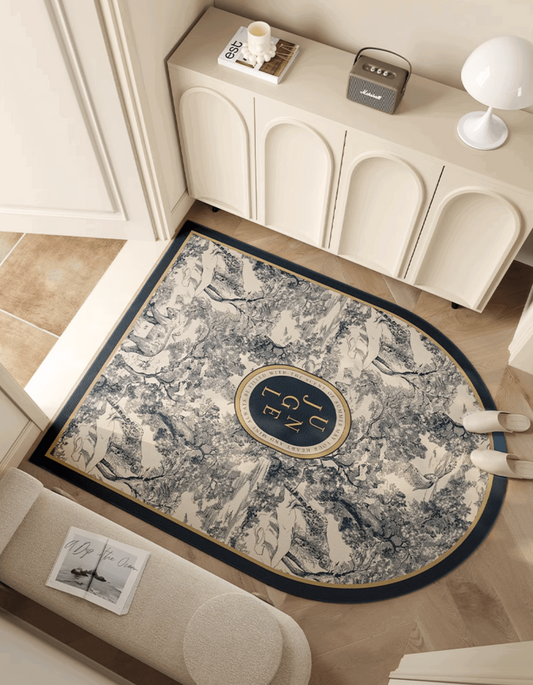 Zuumat blue jungle door mat with intricate nature-inspired design placed in modern entryway