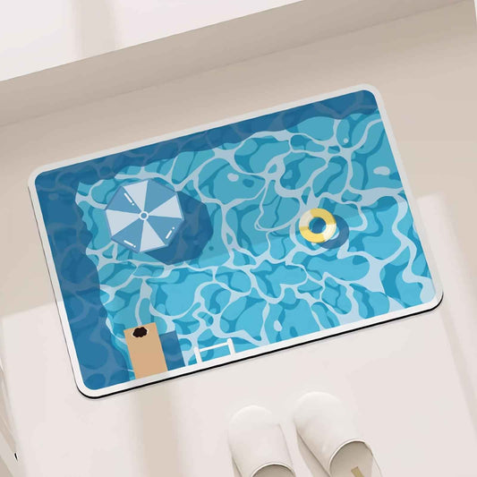 Zuumat cartoon pool bathroom mat featuring a top view of a pool with umbrella and float