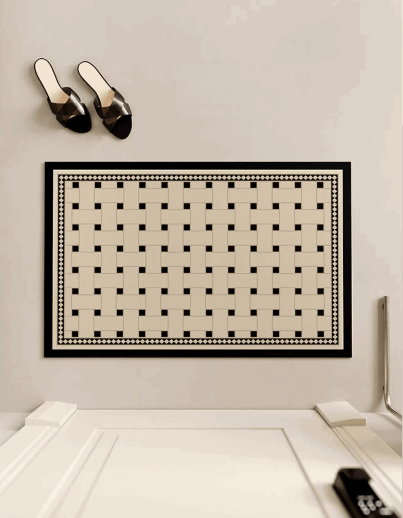 Zuumat checkerboard door mat-enterway with beige and black woven pattern placed at front door