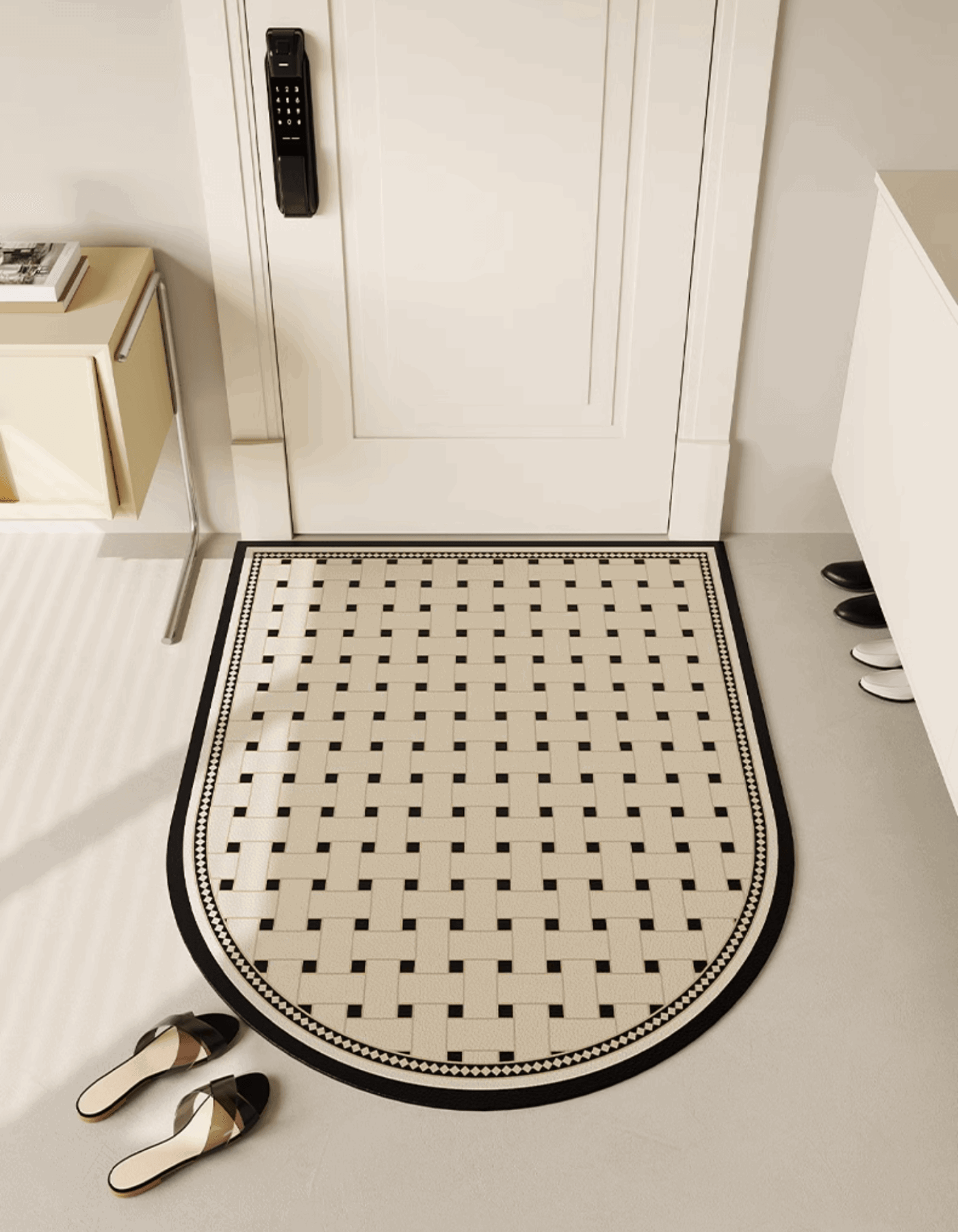 Zuumat checkerboard door mat-enterway in black and white placed in front of a white door