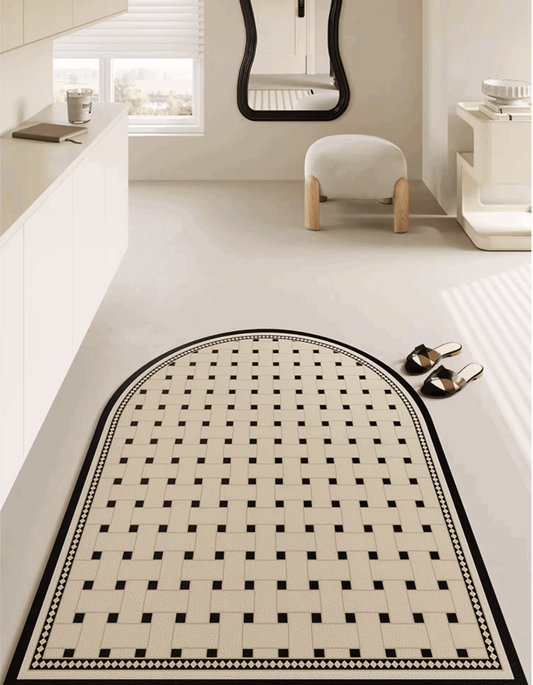 Zuumat checkerboard door mat-enterway with black and beige woven pattern in modern minimalist room