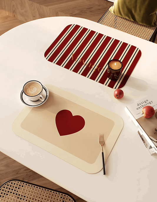 Zuumat decorative kitchen drying mat set with red heart and striped designs on dining table