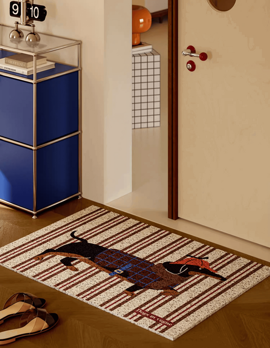 Zuumat funny dachshund doormat with striped background and playful dog design at doorstep