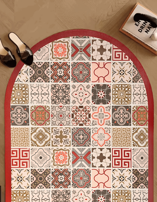 Zuumat Mexican tile door mat-enterway with colorful geometric patterns and a red border