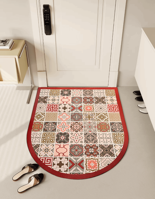 Zuumat Mexican tile door mat enterway with colorful patterned squares and red border placed in front of white door