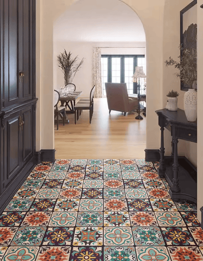 Zuumat Moroccan tile door mat with colorful geometric patterns in an entryway