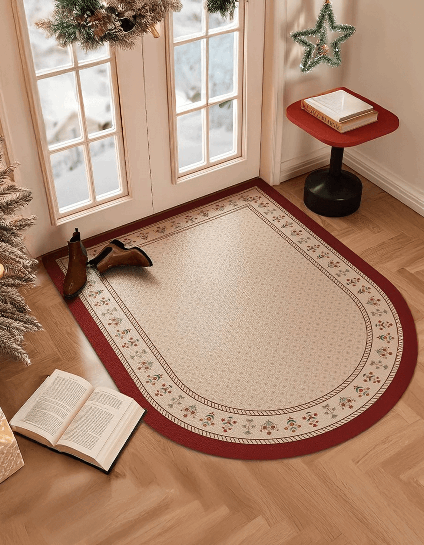 Zuumat red border floral floor mat with elegant floral patterns placed in a cozy room beside a glass door