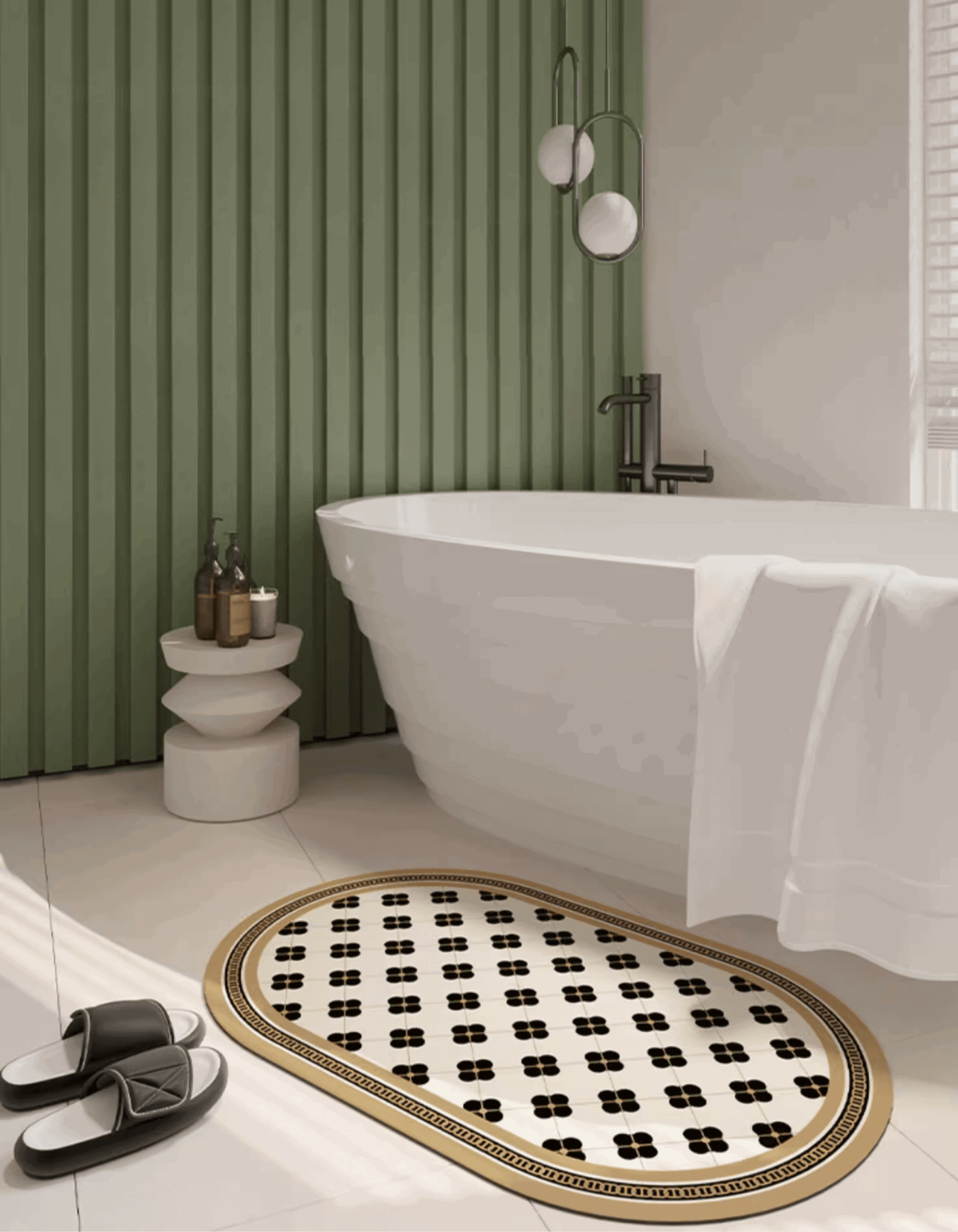Zuumat vintage style bath mat for bathroom with black and gold floral pattern beside white bathtub